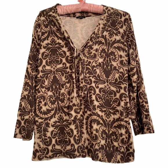 Talbots Silk Blend V Neck Brown Damask Sweater L - Picture 1 of 6